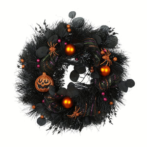 NNETM Halloween Black Wreath with Pumpkin Skull