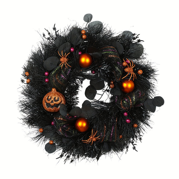 NNETM Halloween Black Wreath with Pumpkin Skull