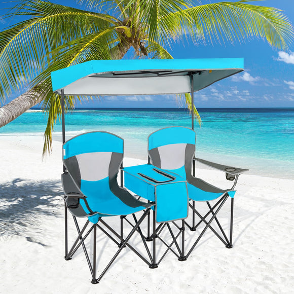 NNECW Double Folding Camping Chair with Canopy and Armrests-Blue