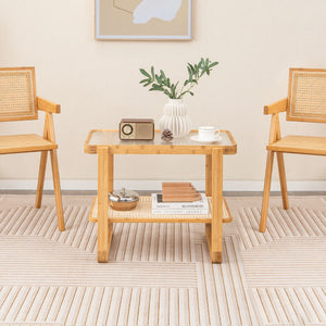 NNECW 2-tier Bamboo Side Table with Glass Top and PE Rattan Shelf