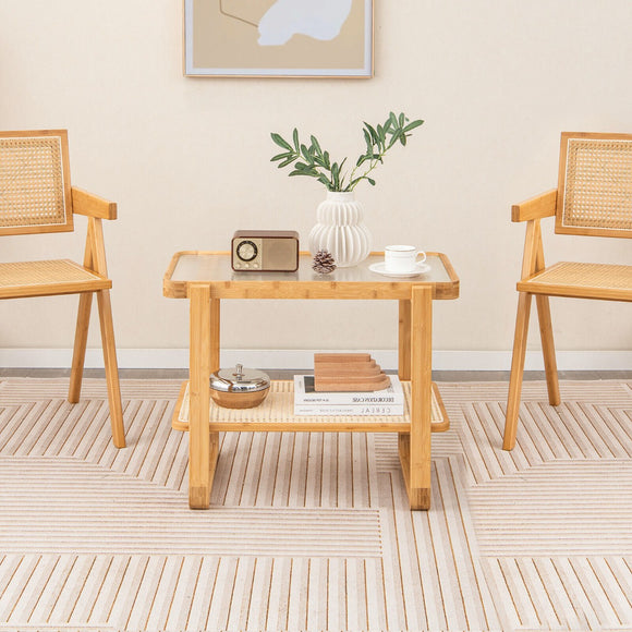NNECW 2-tier Bamboo Side Table with Glass Top and PE Rattan Shelf