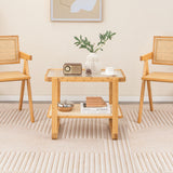 NNECW 2-tier Bamboo Side Table with Glass Top and PE Rattan Shelf