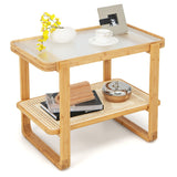 NNECW 2-tier Bamboo Side Table with Glass Top and PE Rattan Shelf