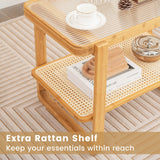 NNECW 2-tier Bamboo Side Table with Glass Top and PE Rattan Shelf
