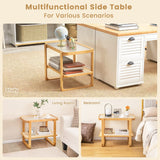 NNECW 2-tier Bamboo Side Table with Glass Top and PE Rattan Shelf