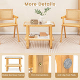 NNECW 2-tier Bamboo Side Table with Glass Top and PE Rattan Shelf