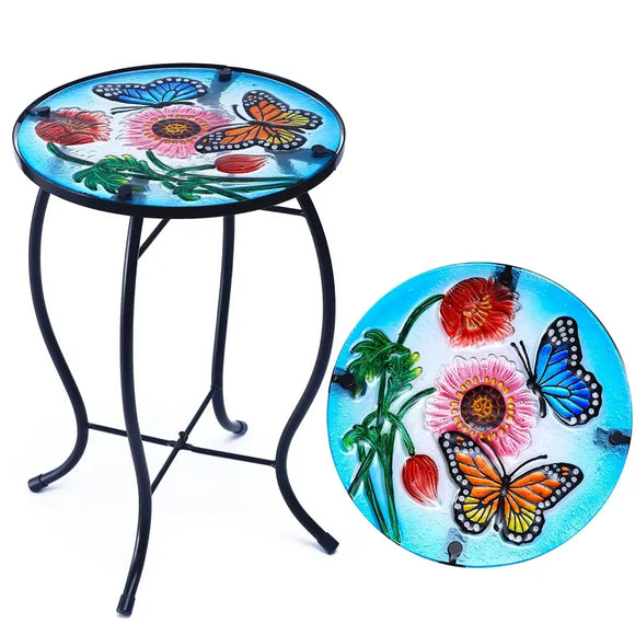 NNETM Terrance Floral Patio Side Table - Small Outdoor Glass End Table