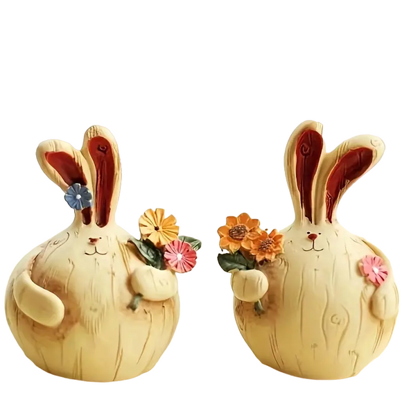 NNETM Easter Resin Decorations - Charming Rabbit Lovers Picking Flowers (Set of 2)