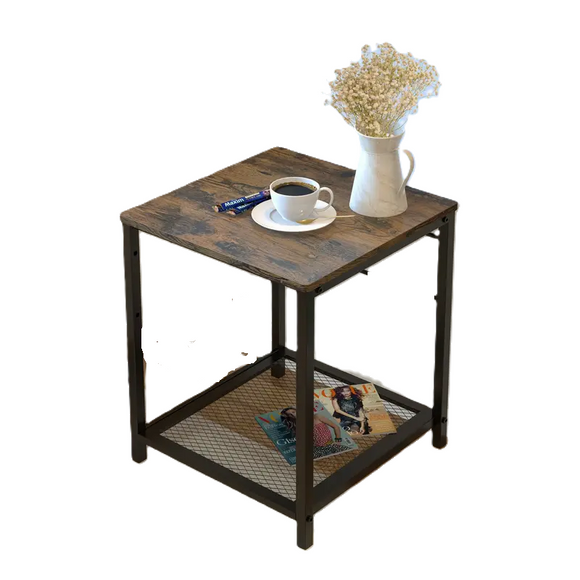 NNETM 2-Tier End Table Nightstand with Storage Shelf - Rustic Brown+Black