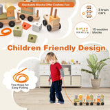 NNECW 3-Section Wooden Train Set with Stackable Building Blocks