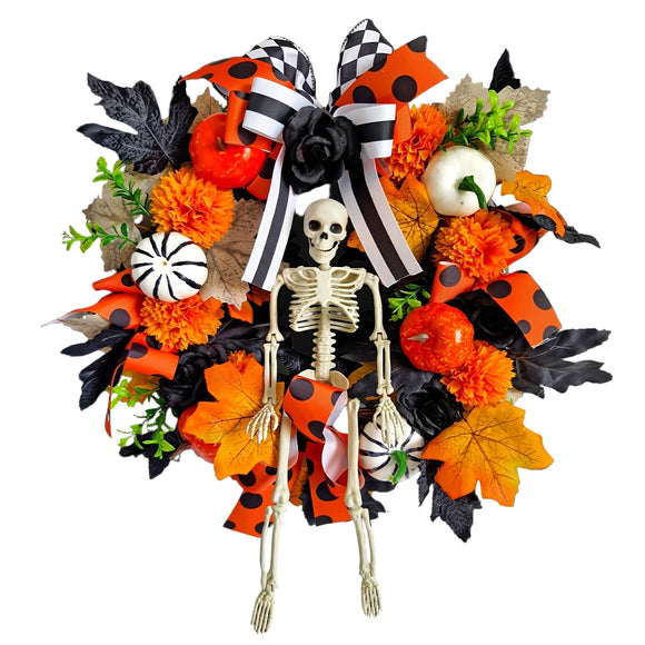 NNETM Halloween Skeleton Wreath Pumpkin Skull