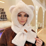NNETM Winter White Cartoon Knitted Hat Scarf with Ear Warmer Toggle Closure