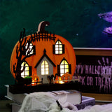 NNETM Wooden Lighted Pumpkin House Halloween Tabletop Decoration