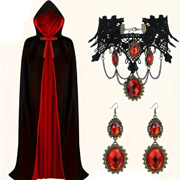 NNETM Halloween Vampire Cape Set with Necklace Earrings Hood