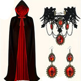 NNETM Halloween Vampire Cape Set with Necklace Earrings Hood