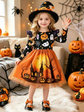 Cute Elegant Halloween Christmas Orange Straight Long Sleeve Cartoon Cute Ghost Pumpkin And Other Patterns Forest Cartoon Pattern Mesh Skirt New Autumn Winter Dress Suitable for Holidays Vacation Daily Wear Party Banquet Performance Gradu