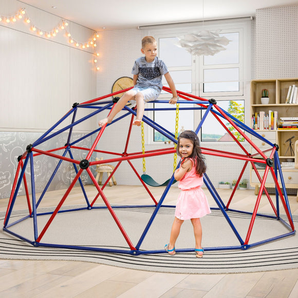 NNECW 3M Kids Climbing Dome with Swing Outdoor Jungle Gym Climber-Red