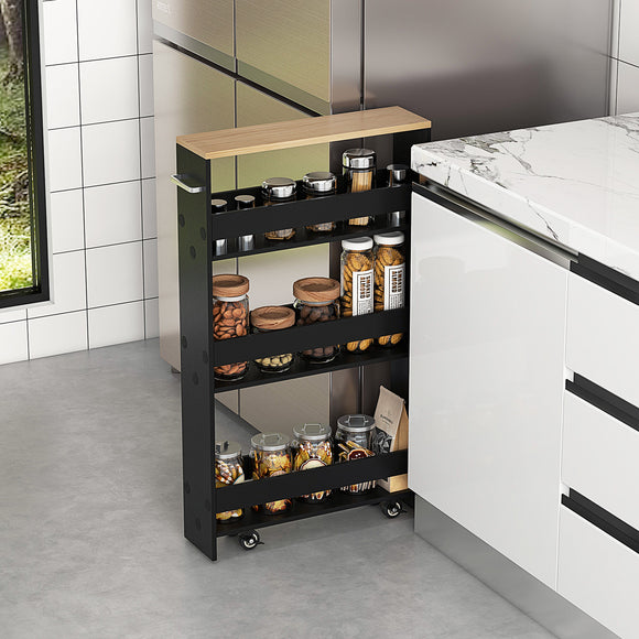NNECW 4-Tier Slim Storage Cart with Open Shelves for Kitchen Living Room-Black