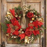 NNETM Front Door Christmas Wreath with Red Flowers