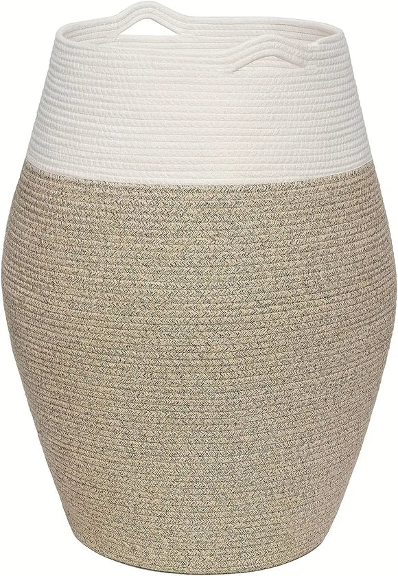 NNETM Woven Cotton Laundry Basket with Curve Shape and Handles - Large