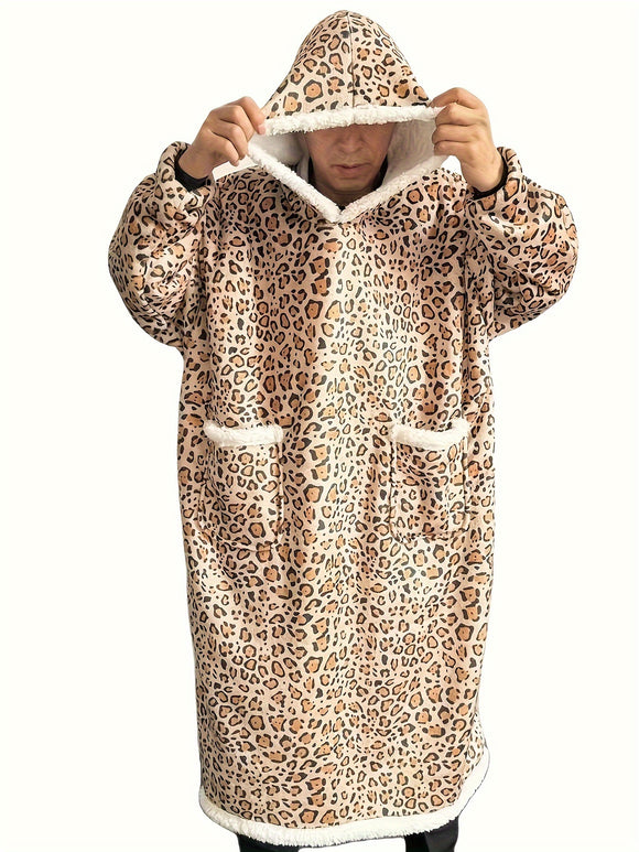 NNETM Leopard Print Flannel Hooded Winter Robe Set