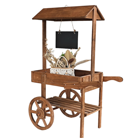 NNETM Two-Tier Wooden Plant Trolley Stand with Wheels