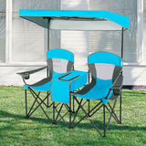 NNECW Double Folding Camping Chair with Canopy and Armrests-Blue