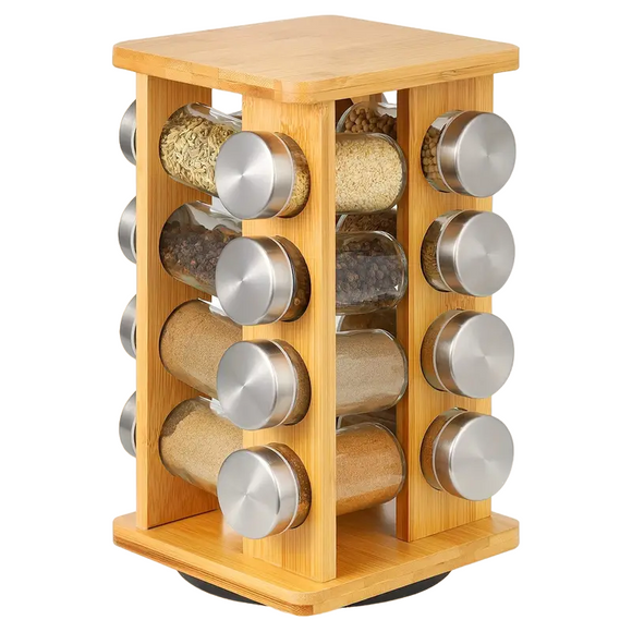 NNETM Bamboo Revolving Spice Rack - 16-Jar Countertop Organizer for Kitchen Storage