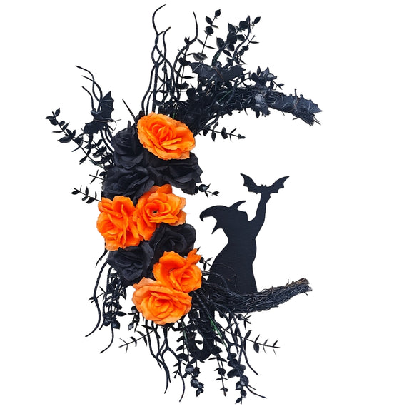 NNETM Halloween Witch Cat Moon Wreath Door Decor