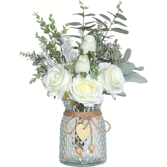NNETM Artificial Fabric Roses & Eucalyptus Floral Arrangement