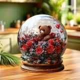 NNETM Acrylic Crystal Ball Ornament with Teddy Bear and Roses
