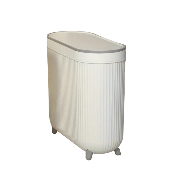 NNETM Compact Toilet Trash Can with Quiet Close Lid - White Gray Plastic, Space-Saving Design