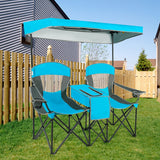 NNECW Double Folding Camping Chair with Canopy and Armrests-Blue