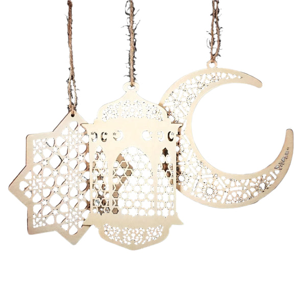 NNETM 3pcs Wooden Ramadan Crescent Moon, Star & Lantern Ornaments