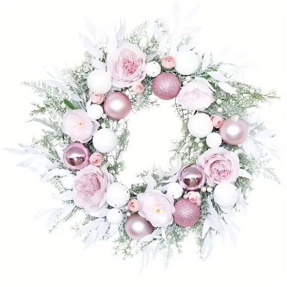 NNETM Blushing Elegance: A Pink Christmas Wreath Adorned with Baubles