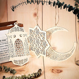 NNETM 3pcs Wooden Ramadan Crescent Moon, Star & Lantern Ornaments