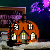 NNETM Wooden Lighted Pumpkin House Halloween Tabletop Decoration
