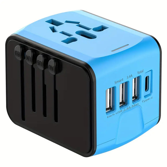NNETM Universal Travel Adapter with 4 USB Ports and Type-C Port - Blue