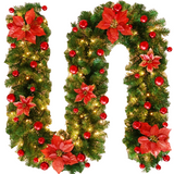 NNEOBA 9ft Christmas LED Garland Wreath with Holly, Baubles, and Glitter Finish - Red