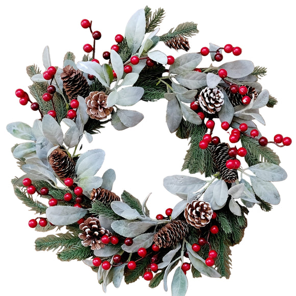 NNETM Christmas Wreath Wall Hanging with Pine Cones & Red Berries