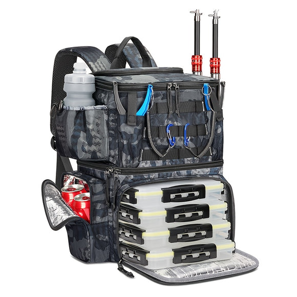 NNETM Fishing Tackle Backpack with Rod Holder & Trays