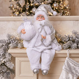 Sitting Santa Claus Figurine White & Silver 1pc 13-In