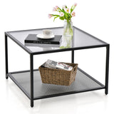 NNECW 70 CM Modern 2-Tier Square Glass Coffee Table with Mesh Shelf-Grey