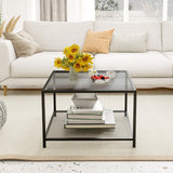NNECW 70 CM Modern 2-Tier Square Glass Coffee Table with Mesh Shelf-Grey