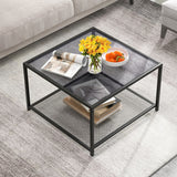 NNECW 70 CM Modern 2-Tier Square Glass Coffee Table with Mesh Shelf-Grey