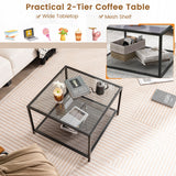 NNECW 70 CM Modern 2-Tier Square Glass Coffee Table with Mesh Shelf-Grey