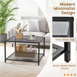 NNECW 70 CM Modern 2-Tier Square Glass Coffee Table with Mesh Shelf-Grey