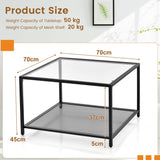 NNECW 70 CM Modern 2-Tier Square Glass Coffee Table with Mesh Shelf-White