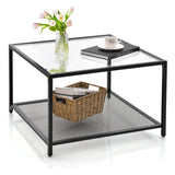 NNECW 70 CM Modern 2-Tier Square Glass Coffee Table with Mesh Shelf-White