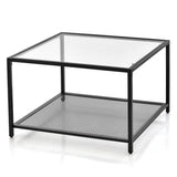 NNECW 70 CM Modern 2-Tier Square Glass Coffee Table with Mesh Shelf-White